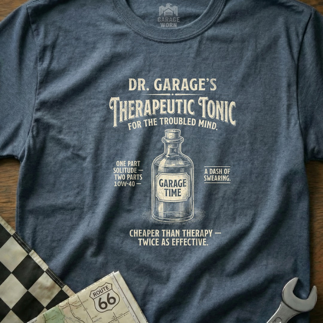 Dr. Garage's Therapeutic Tonic t-shirt with "Garage Time" label.