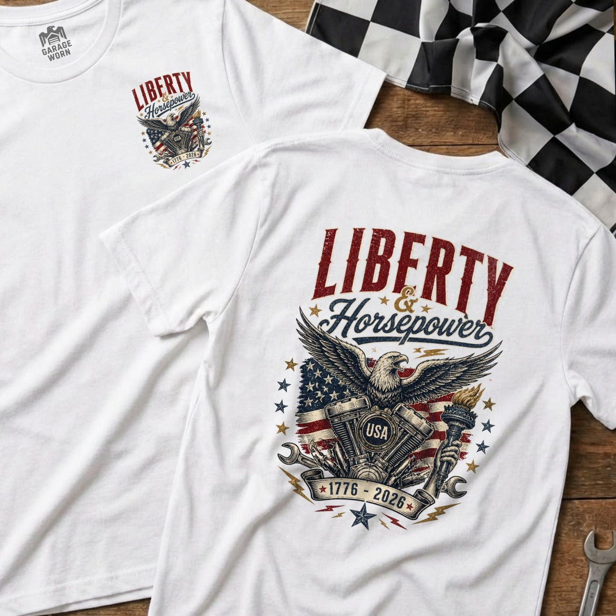 White t-shirt with eagle, USA flag, engine, and text "Liberty & Horsepower".