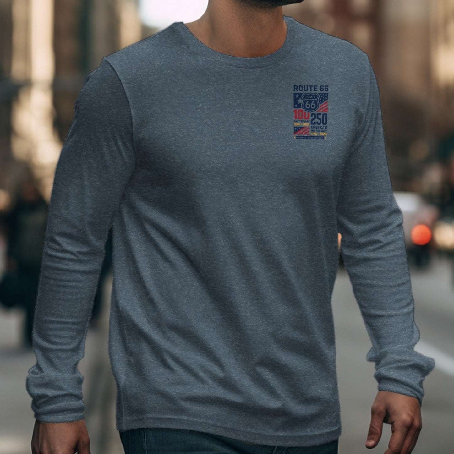 Long-sleeve t-shirt with Route 66 centennial anniversary graphic.