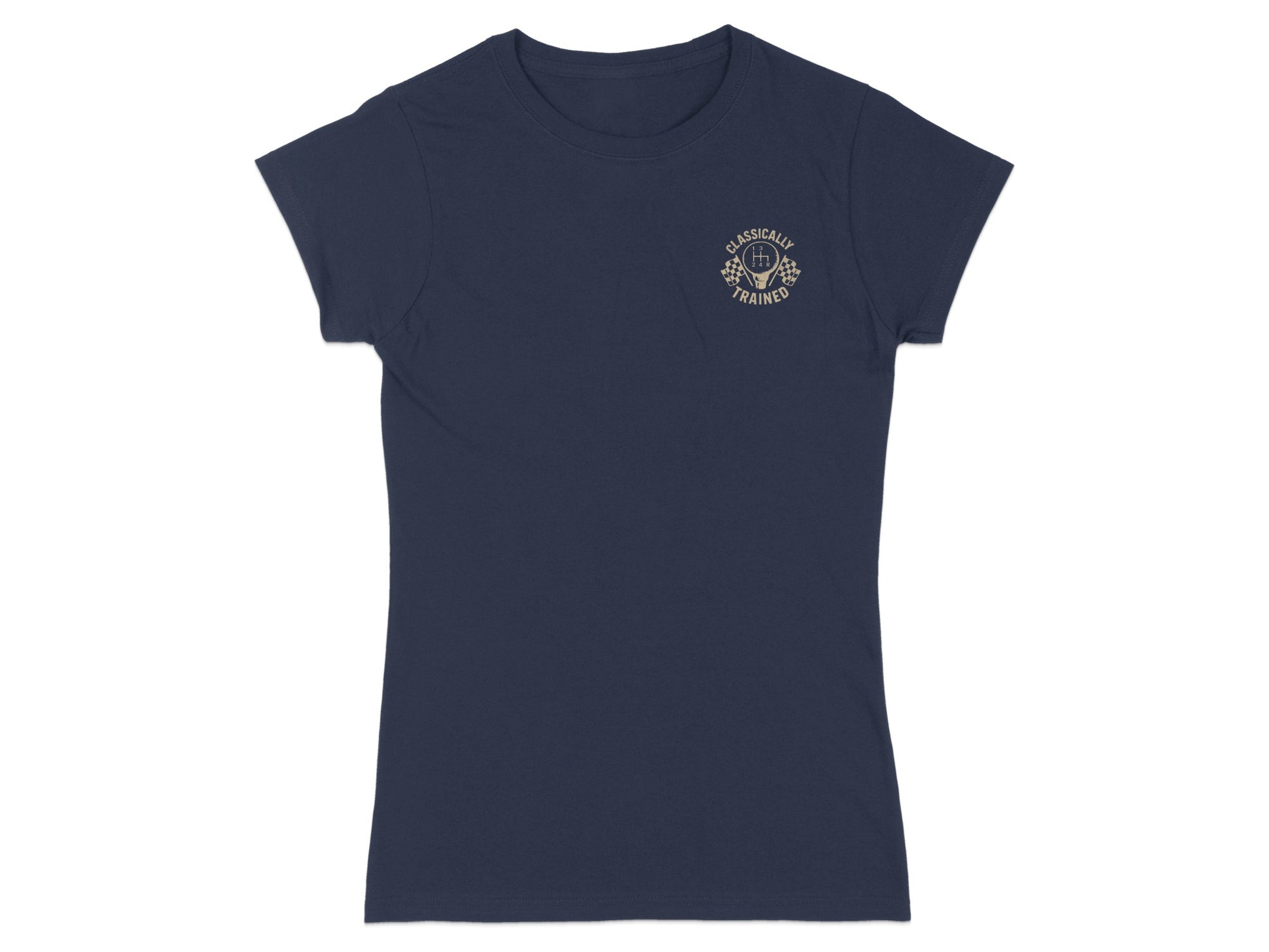 Dark navy t-shirt with "CLASSICALLY TRAINED" logo and checkered flag detail.