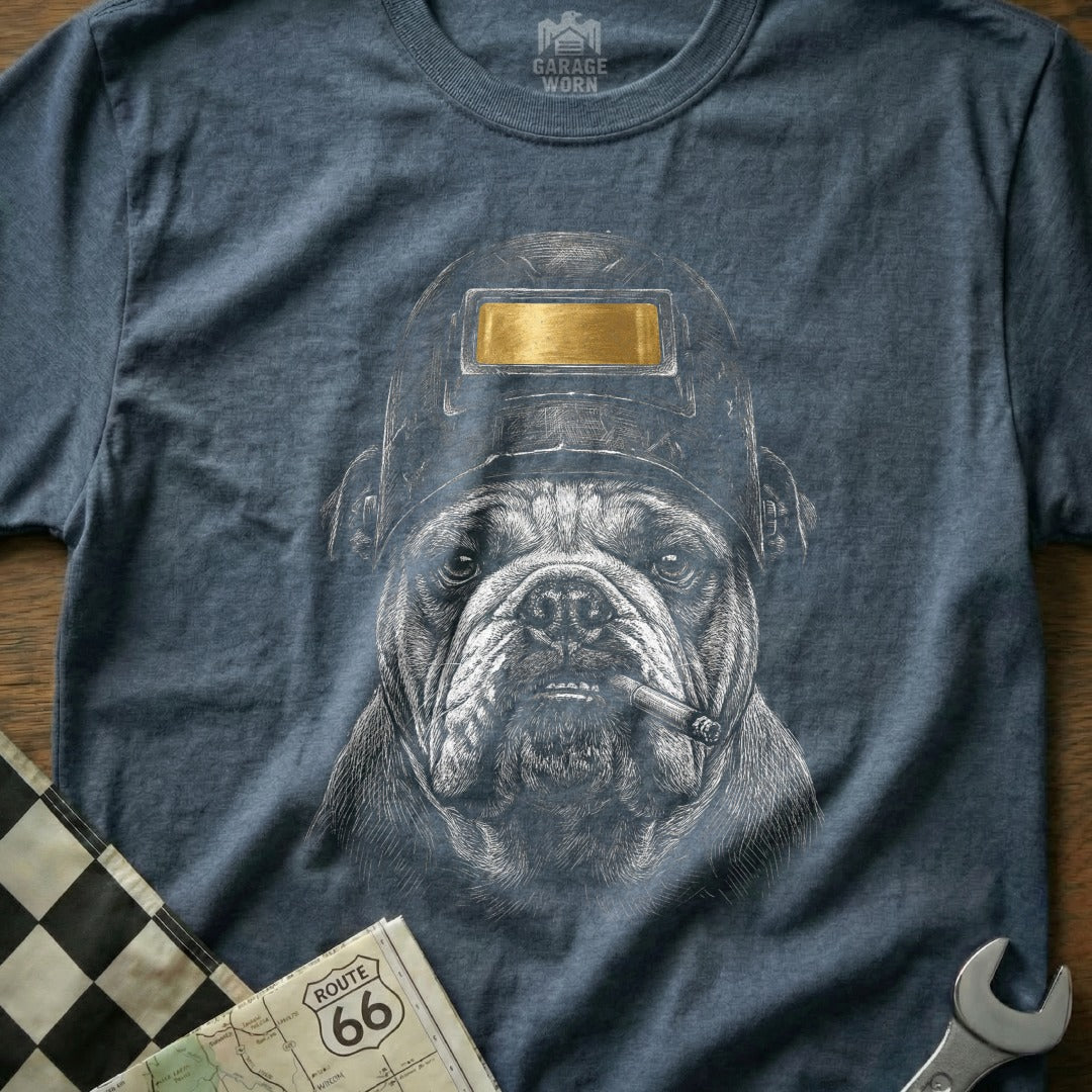 T-shirt featuring a bulldog wearing a welding helmet and smoking a cigar.
