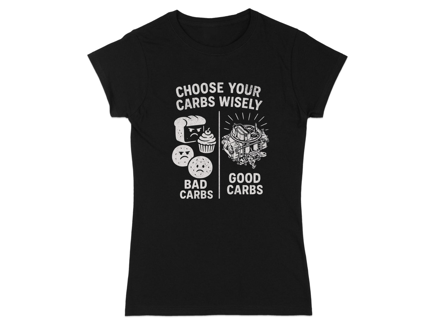 Black t-shirt with "Choose Your Carbs Wisely" and cartoon carbs.