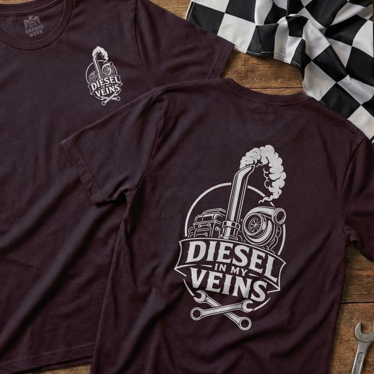 Dark t-shirt with "Diesel In My Veins" graphic of a truck, turbo, and wrenches.