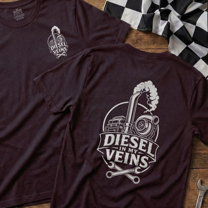 Dark t-shirt with "Diesel In My Veins" graphic of a truck, turbo, and wrenches.