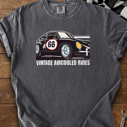 Dark gray t-shirt with vintage race car art and "VINTAGE AIRCOOLED RIDES" text.