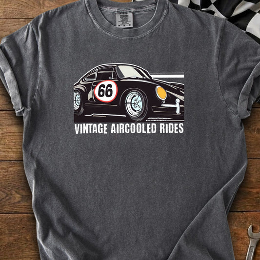 Dark gray t-shirt with vintage race car art and "VINTAGE AIRCOOLED RIDES" text.