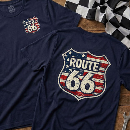 Navy t-shirt with Route 66 shield logo on the back and checkered flag.