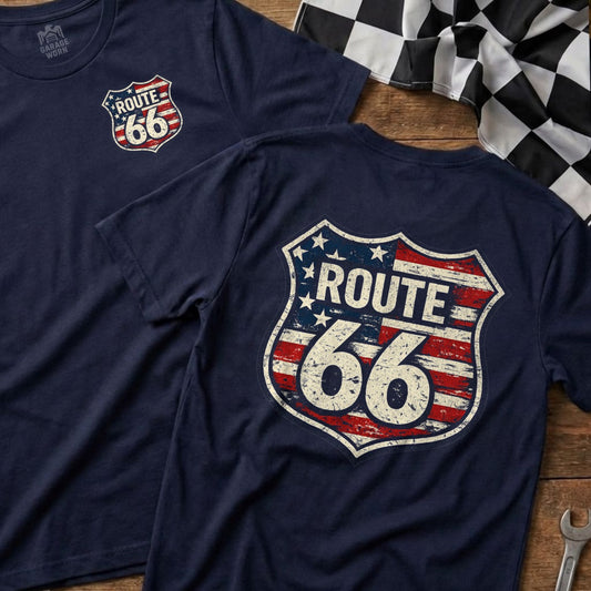 Navy t-shirt with Route 66 shield logo on the back and checkered flag.
