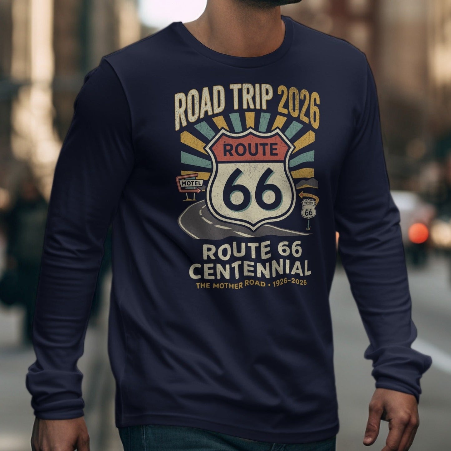 Long sleeve shirt with Route 66 Centennial graphics and "Road Trip 2026" text.