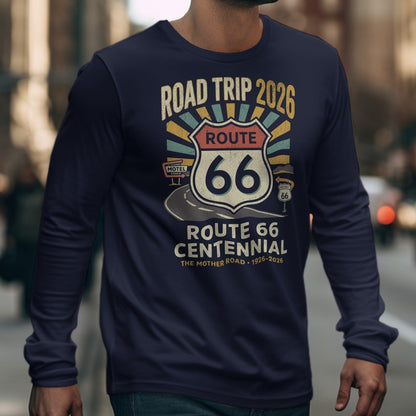 Long sleeve shirt with Route 66 Centennial graphics and "Road Trip 2026" text.