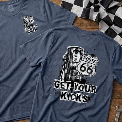 Blue t-shirt with Route 66 gas pump and "GET YOUR KICKS" graphic.