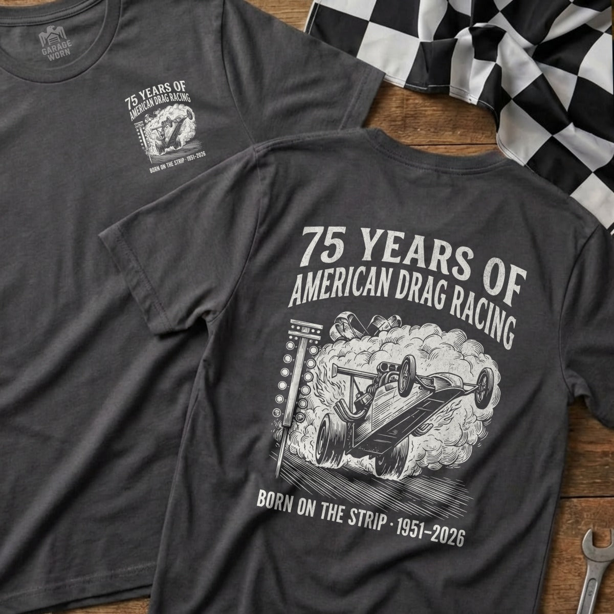 T-shirt celebrating 75 years of American drag racing, 1951-2026.
