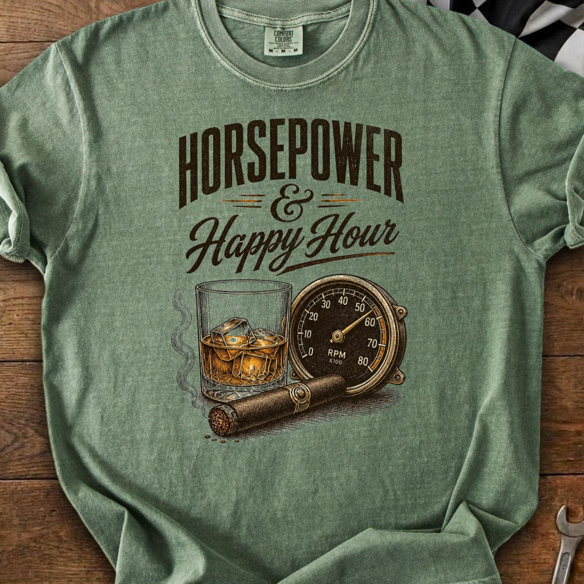 T-shirt graphic with "Horsepower & Happy Hour," whiskey, cigar, and speedometer.