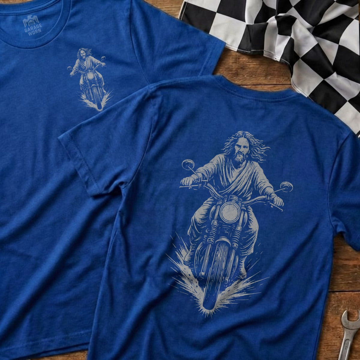 Jesus Riding Motorcycle Blue Graphic Tee Shirt