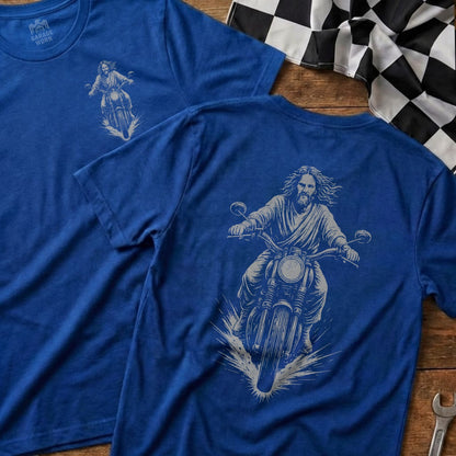 Jesus Riding Motorcycle Blue Graphic Tee Shirt