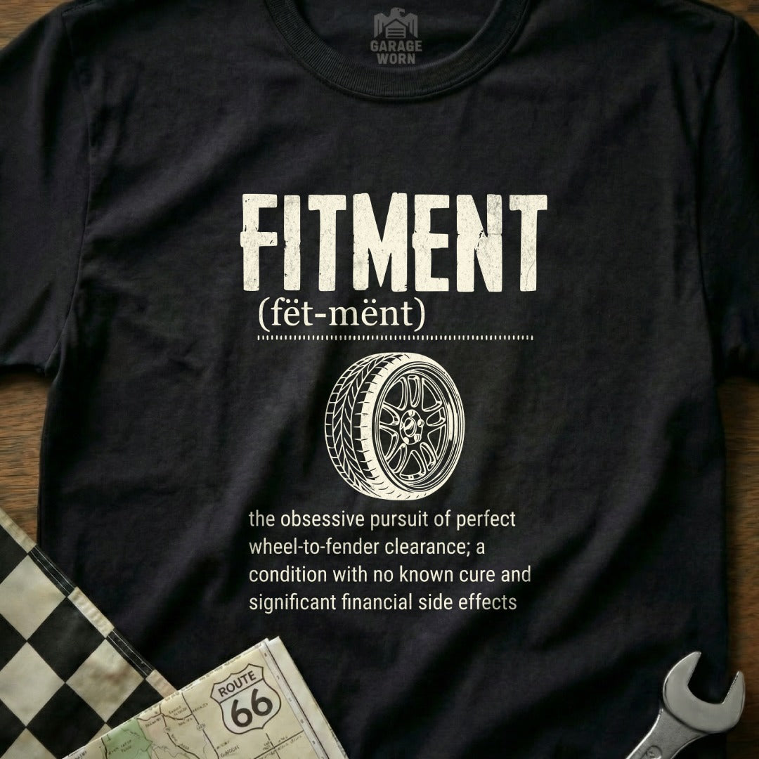 "Fitment" t-shirt with definition and wheel graphic, Route 66 map, checkered flag.