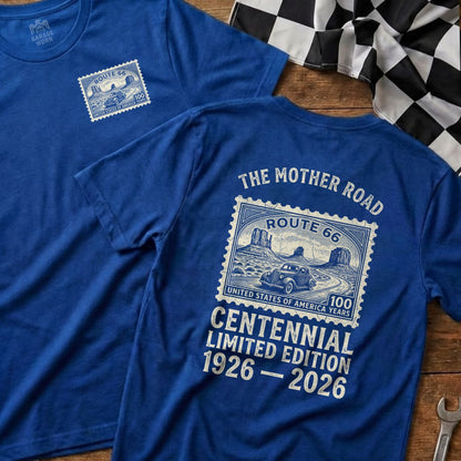 Blue t-shirt with Route 66 Centennial Limited Edition 1926-2026 design.