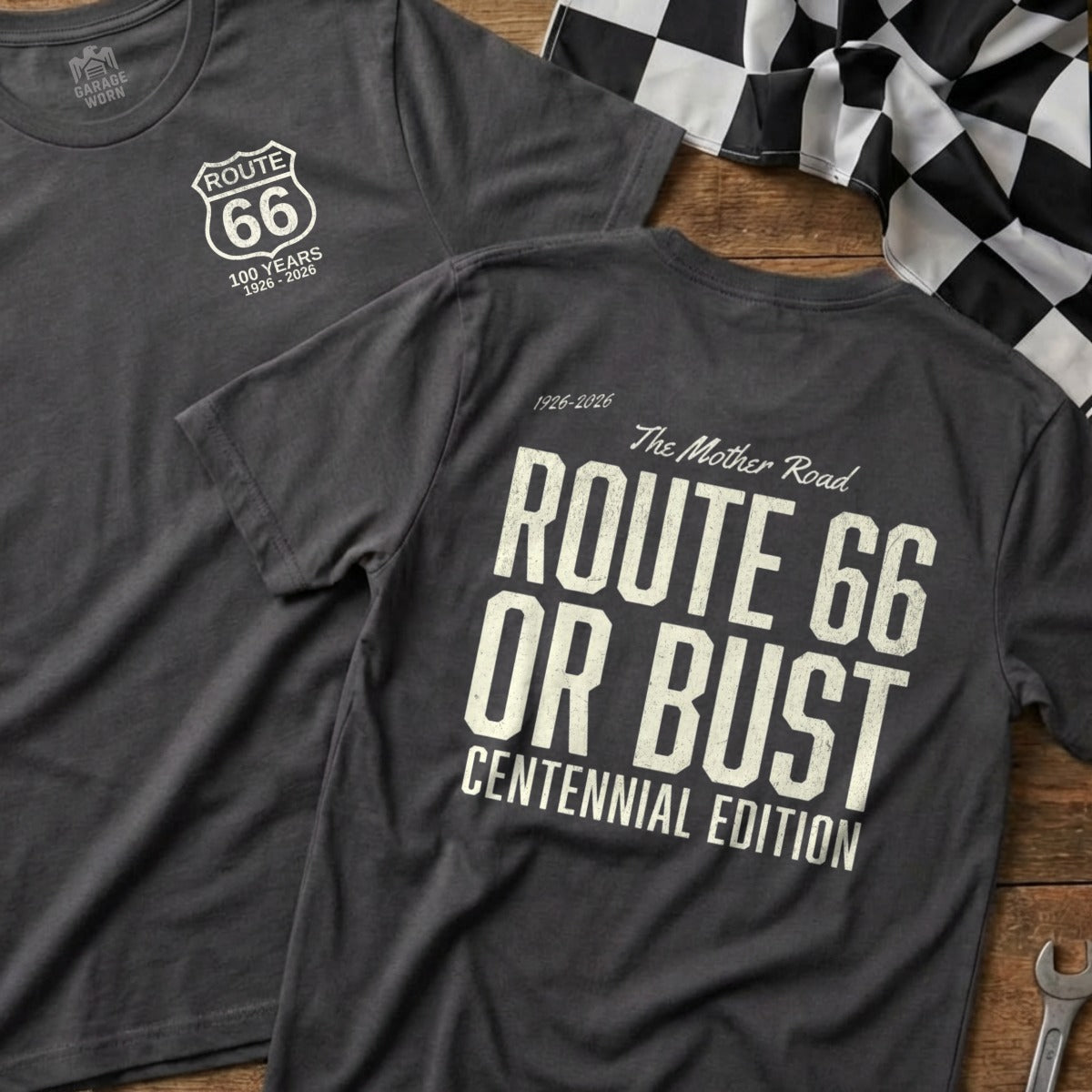 Two dark t-shirts with Route 66 Centennial Edition graphics.