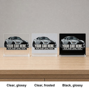 The three desk sign finishes side by side: clear glossy, clear frosted, black glossy
