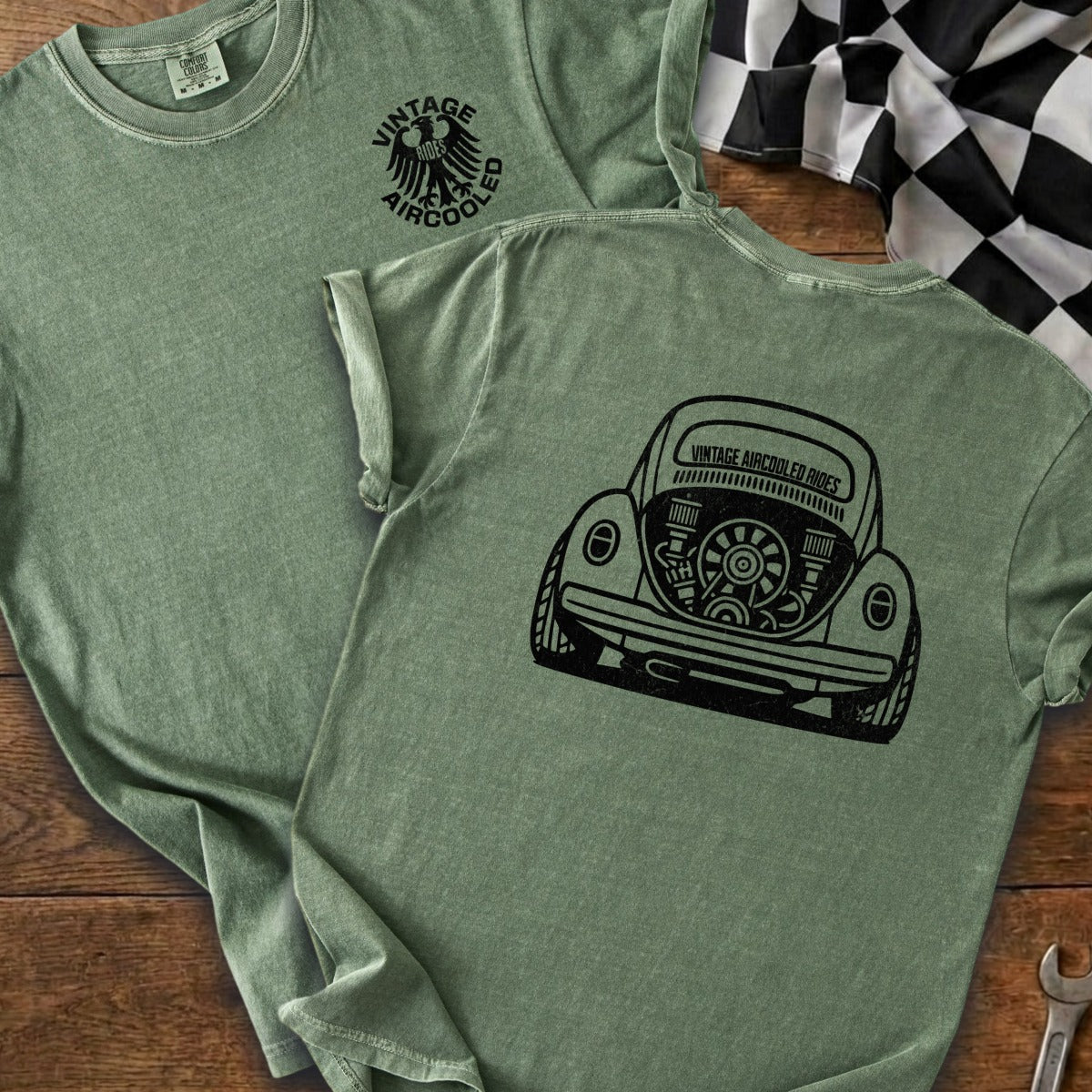 T-shirts with vintage air-cooled car graphic and eagle logo.