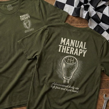 Green t-shirt with "Manual Therapy" and gear shift graphic.