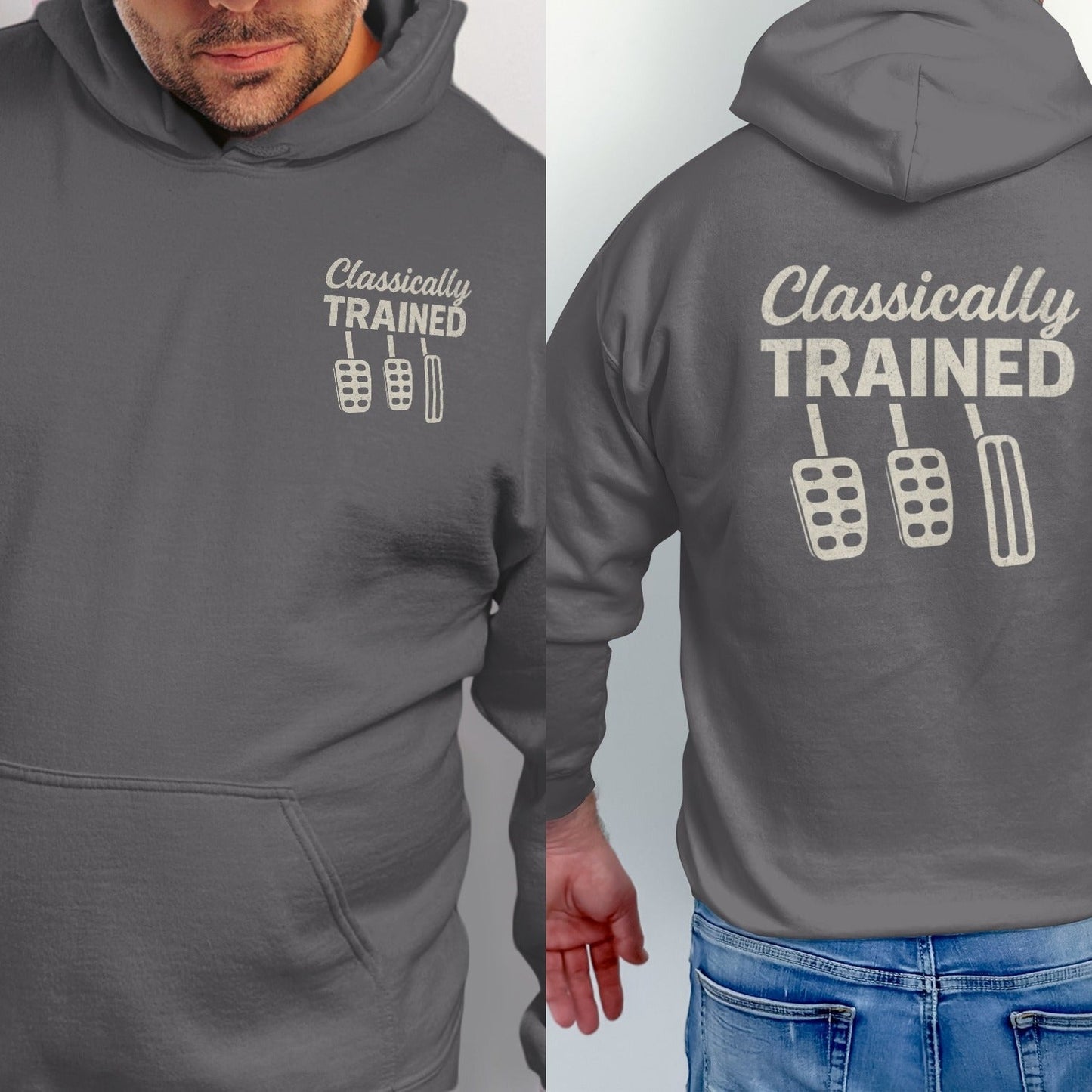 Dark grey hoodie with "Classically TRAINED" text and pedal graphic on front and back.