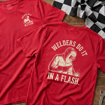 Red t-shirt with "Welders Do It In A Flash" and welding graphic.