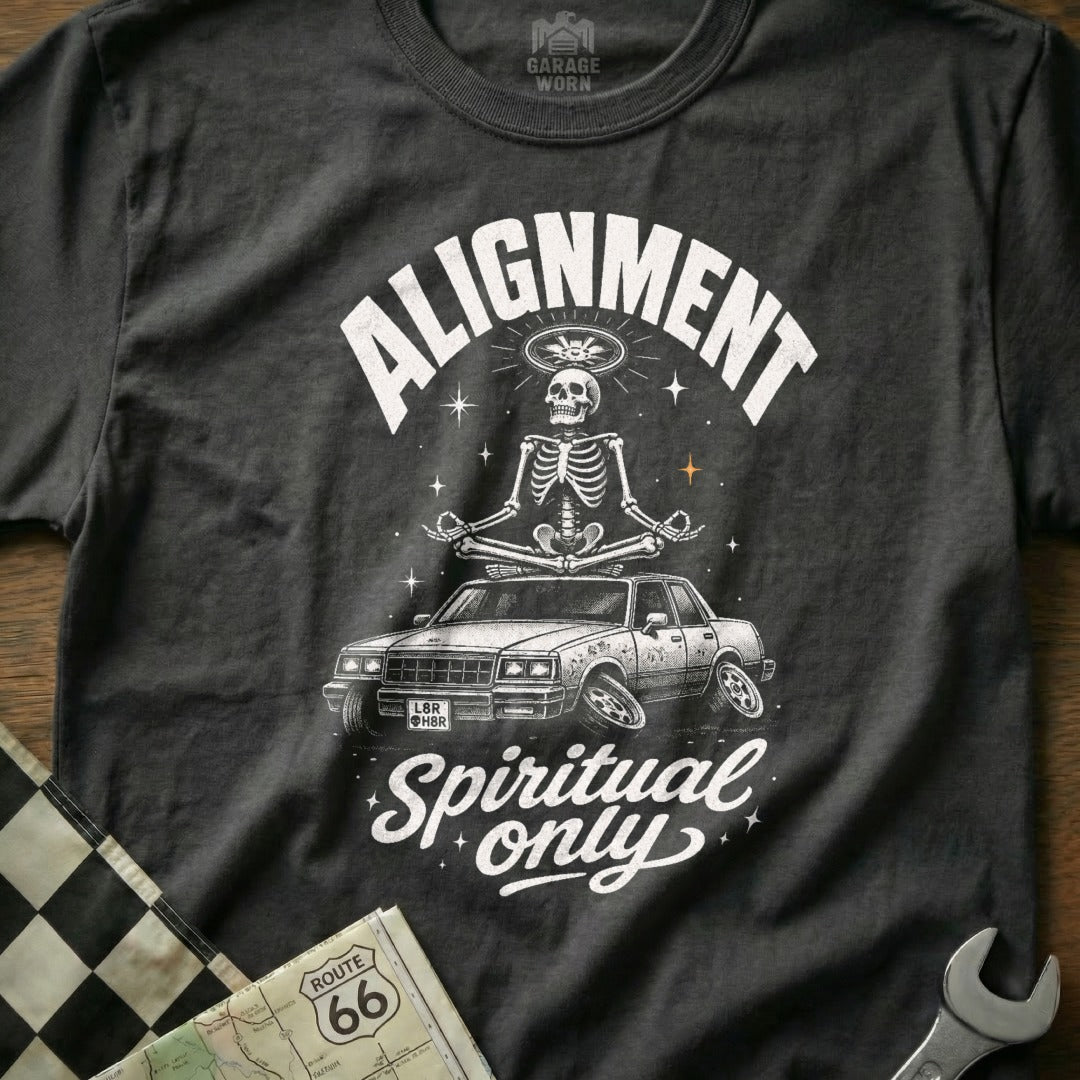T-shirt with skeleton meditating on a car, "Alignment Spiritual Only" text.