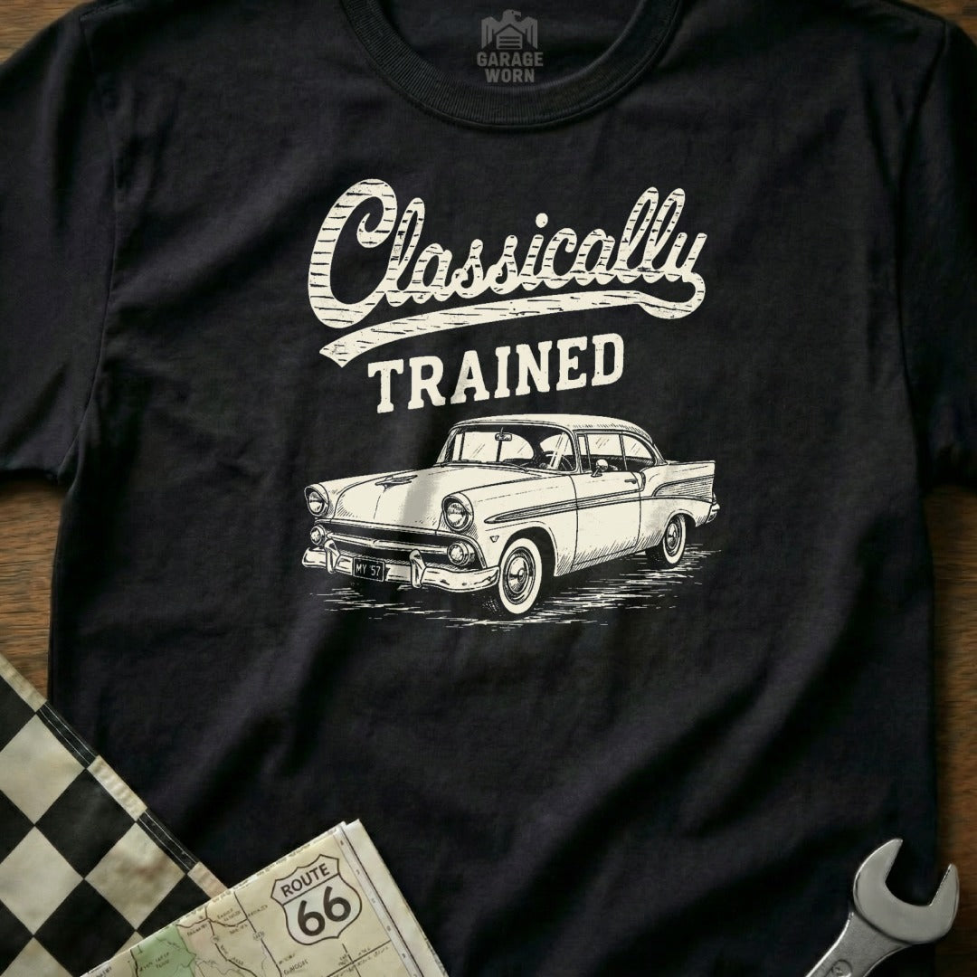 Black t-shirt with "Classically TRAINED" text and vintage car graphic.