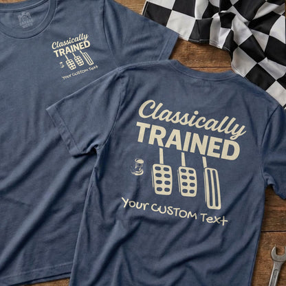 Two navy blue t-shirts with "Classically Trained" and pedal graphics.