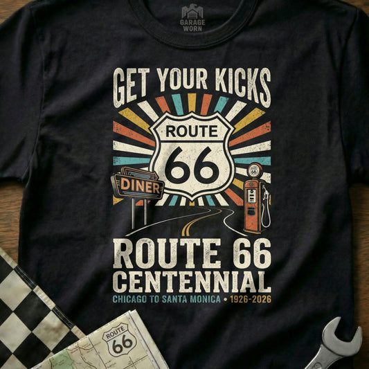 Black t-shirt with Route 66 Centennial graphic: Get Your Kicks, Chicago to Santa Monica.