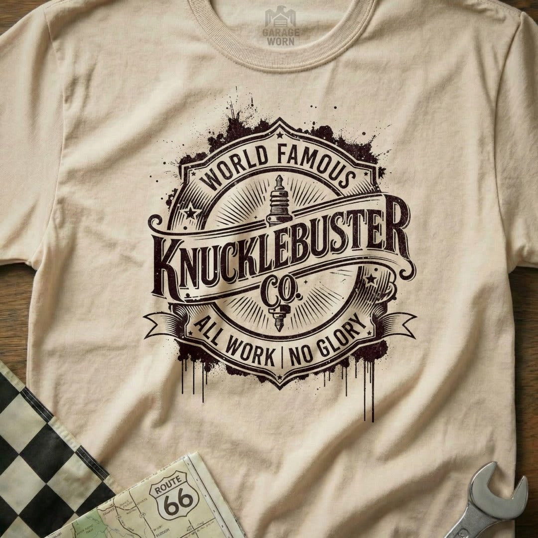 Knucklebuster World Famous vintage distressed logo on a tan t-shirt.