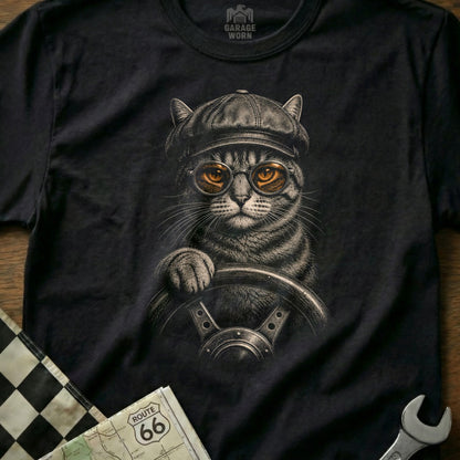 Striped cat wearing a cap and glasses driving a car.