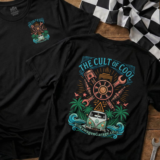 Black t-shirt featuring "The Cult of Cool" logo with van, tools, and palm trees.