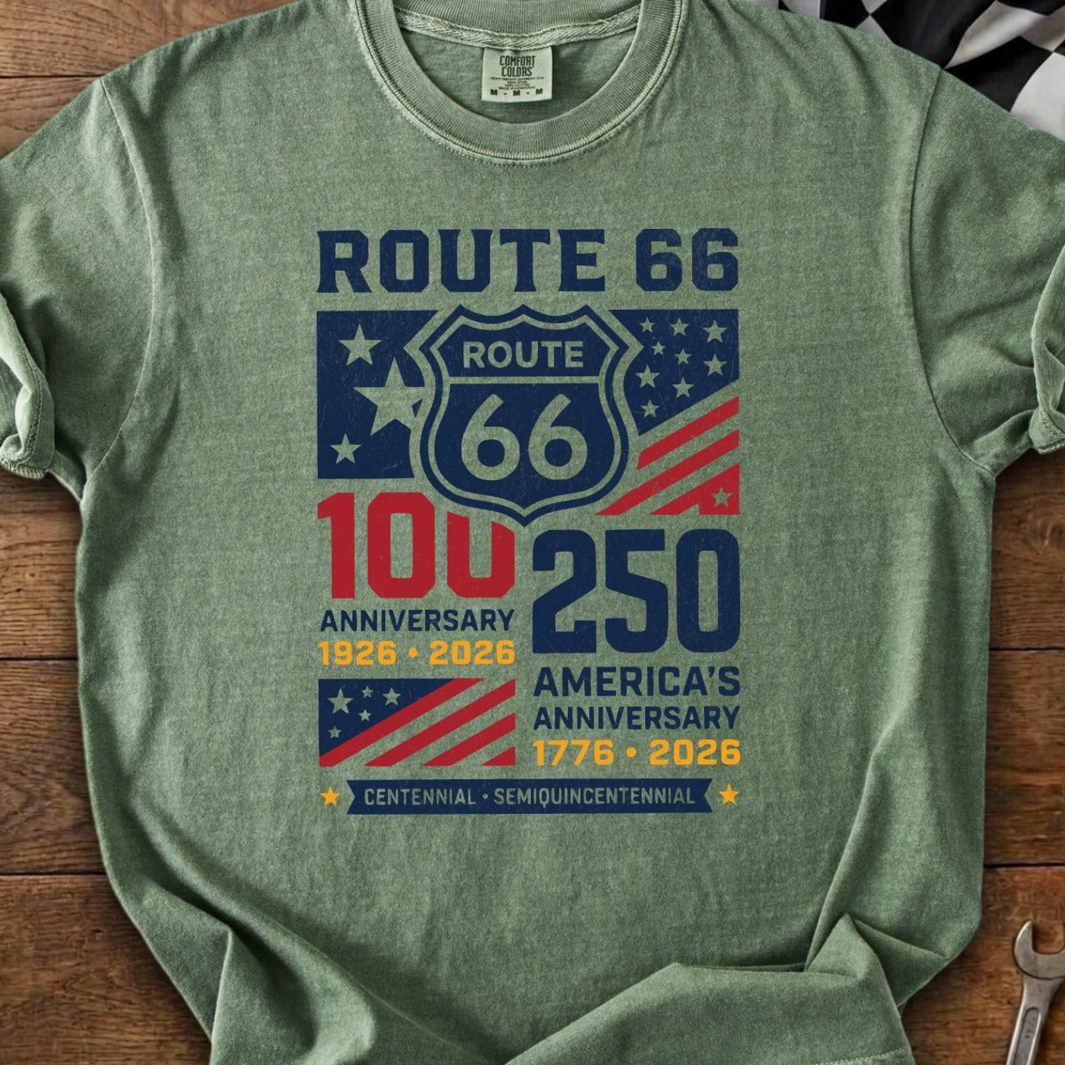 Route 66 100th and America's 250th Anniversary graphic on a t-shirt.