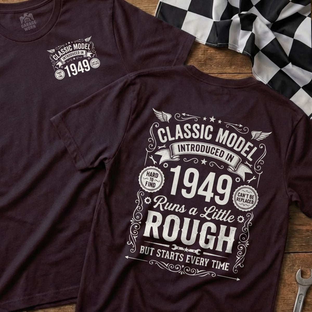 T-shirt with "Classic Model Introduced in 1949" and checkered flag graphic.