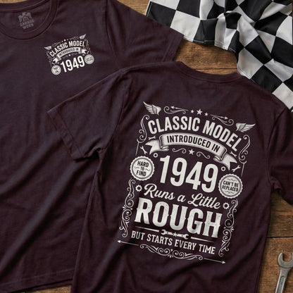 T-shirt with "Classic Model Introduced in 1949" and checkered flag graphic.