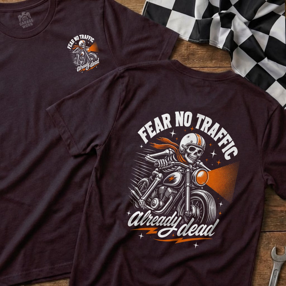 Dark t-shirt with skeleton on motorcycle graphic and text "FEAR NO TRAFFIC Already dead".