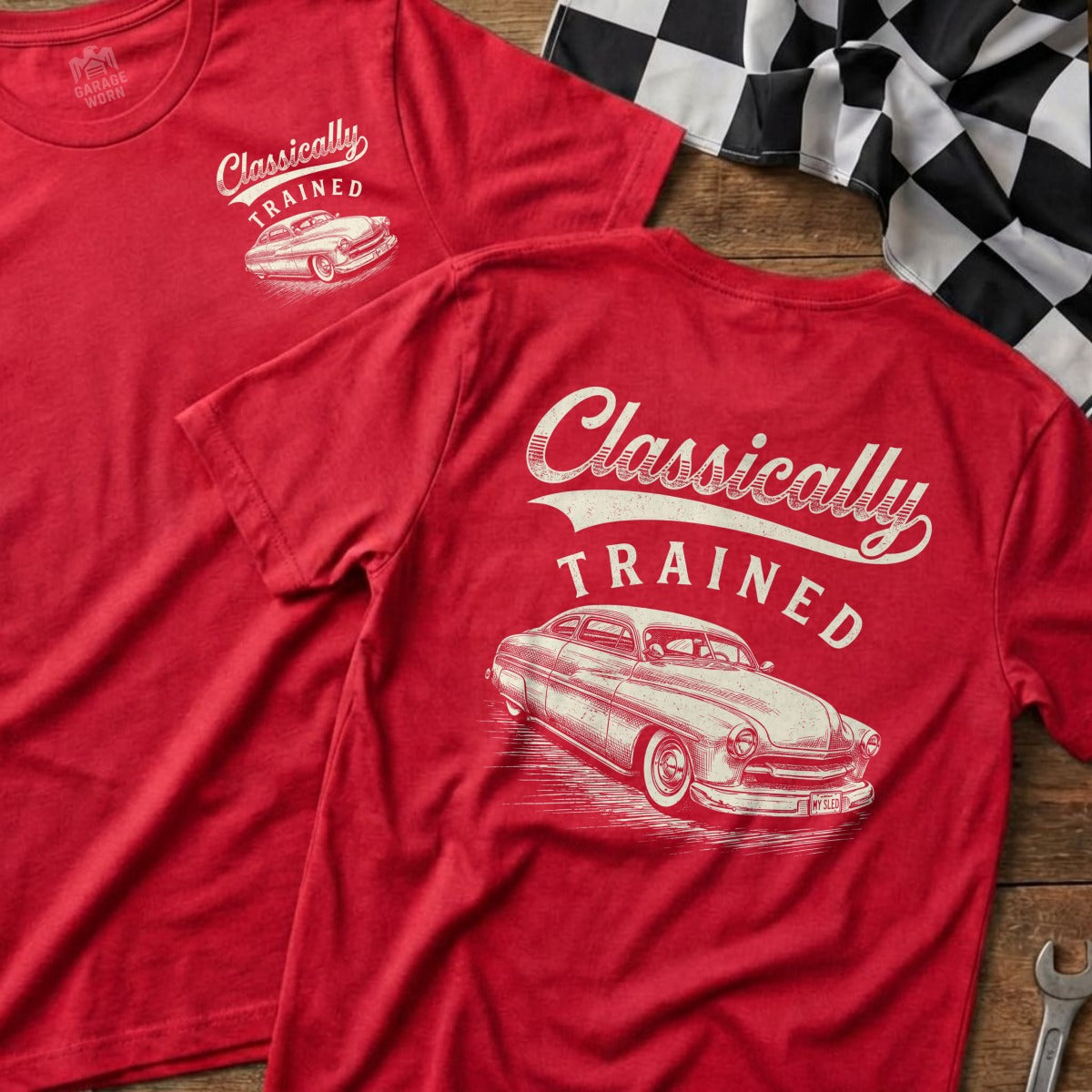 Red t-shirt with "Classically TRAINED" and a vintage car graphic on the back.