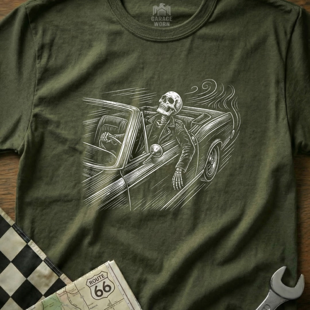 Skeleton driving classic convertible, "Garage Worn" logo at top.