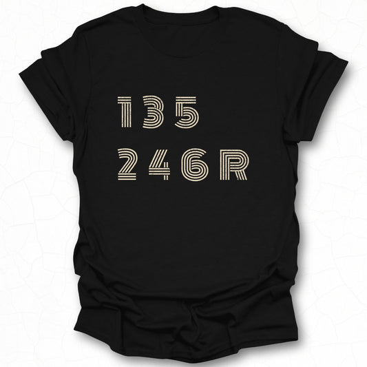 Unique Black Tee with Stylized Gear Numbers Shirt