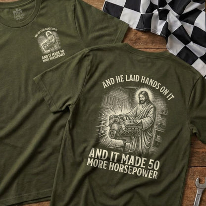 Jesus working on an engine, text reads "and he laid hands on it and it made 50 more horsepower".