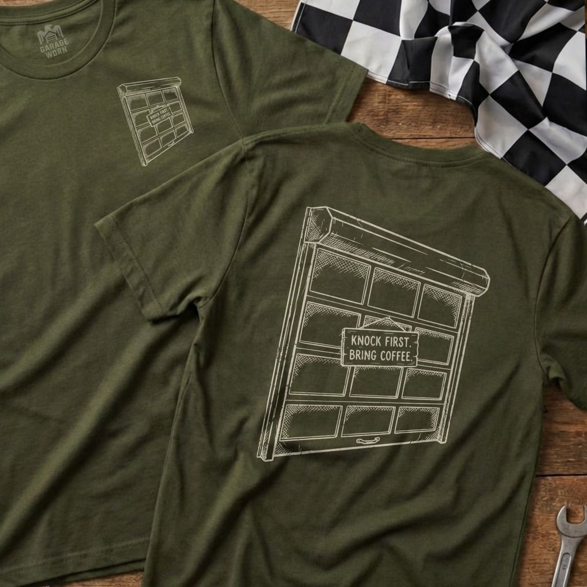Olive green t-shirt with a garage door graphic and "Knock First. Bring Coffee." text.