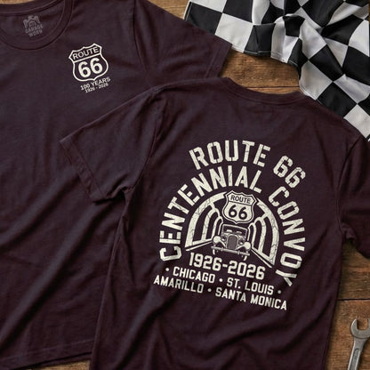 Route 66 Centennial Convoy t-shirt with 1926-2026 dates and cities.