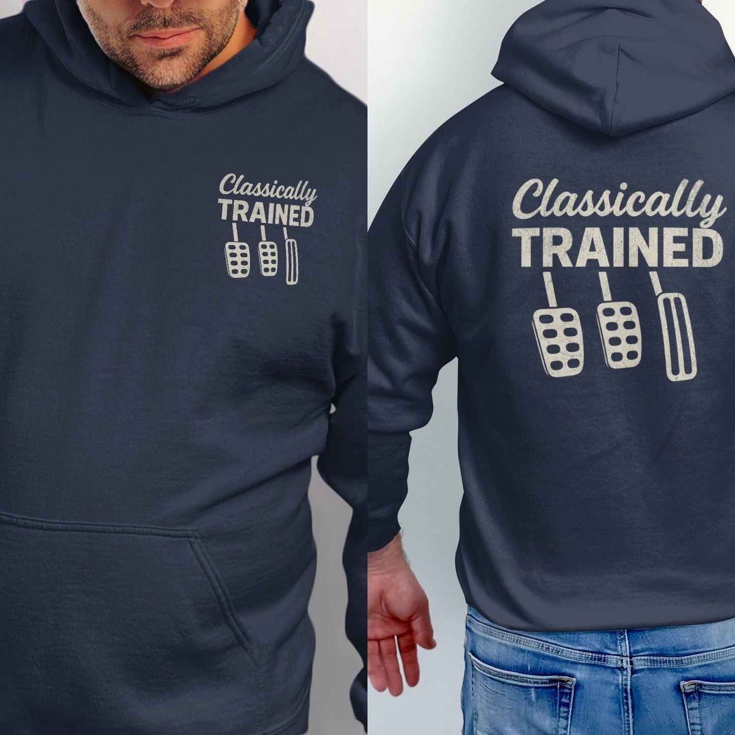 Navy hoodie with "Classically TRAINED" text and three pedal icons on chest and back.
