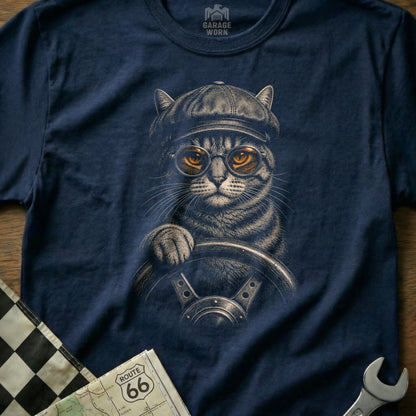 T-shirt with a tabby cat wearing a hat and glasses driving a car.
