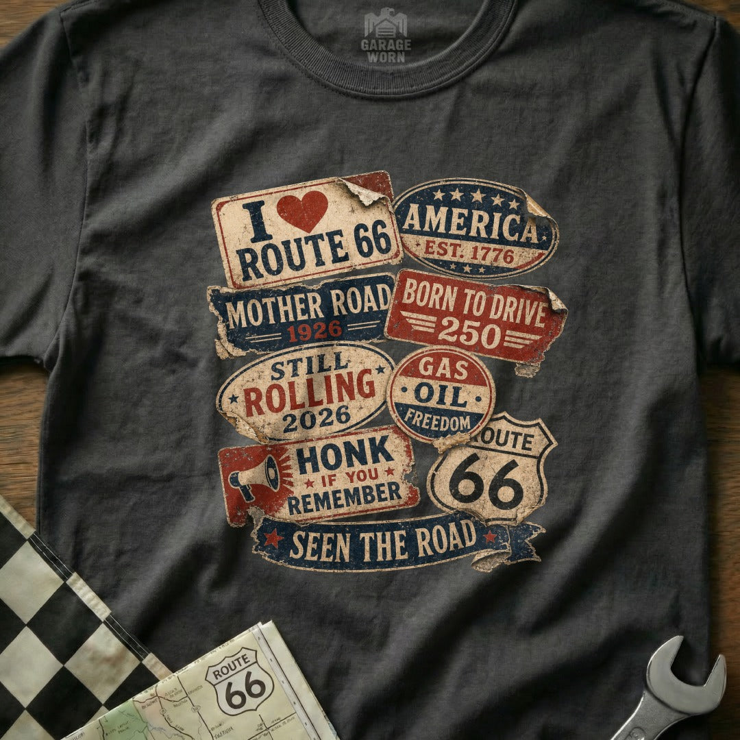 T-shirt graphic featuring Route 66 imagery and vintage American road signs.