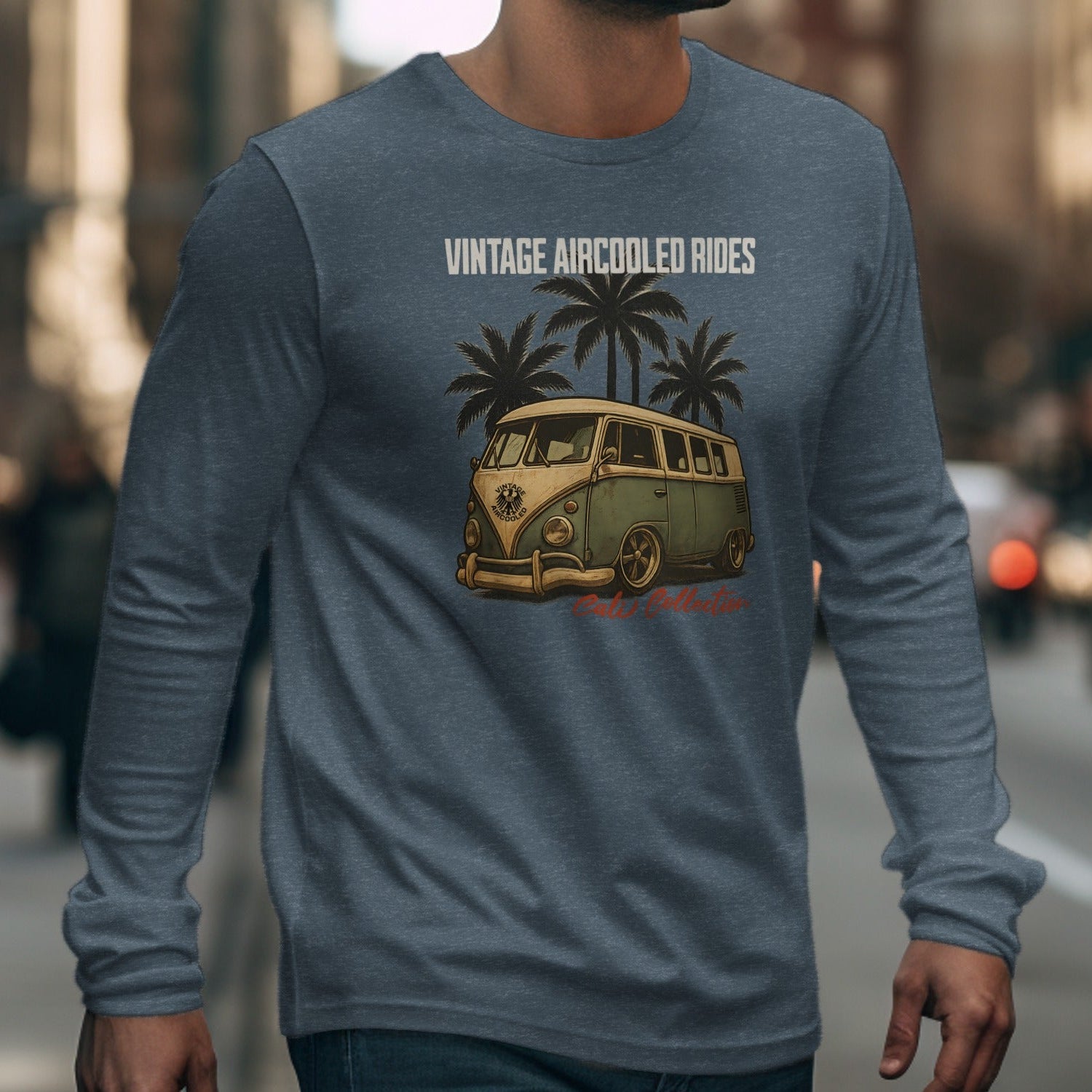 Long sleeve shirt with vintage aircooled rides graphic featuring a green van and palm trees.