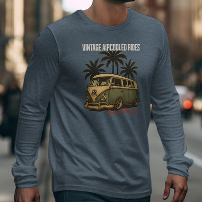 Long sleeve shirt with vintage aircooled rides graphic featuring a green van and palm trees.