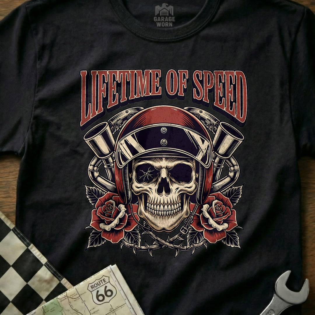 Lifetime of Speed Skull Helmet Graphic Tee Shirt
